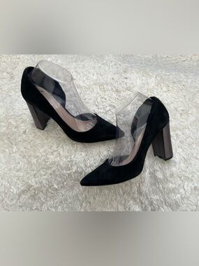 Nine West Black Suede Block Heel Pumps Metallic Heel Detail Pointed Toe